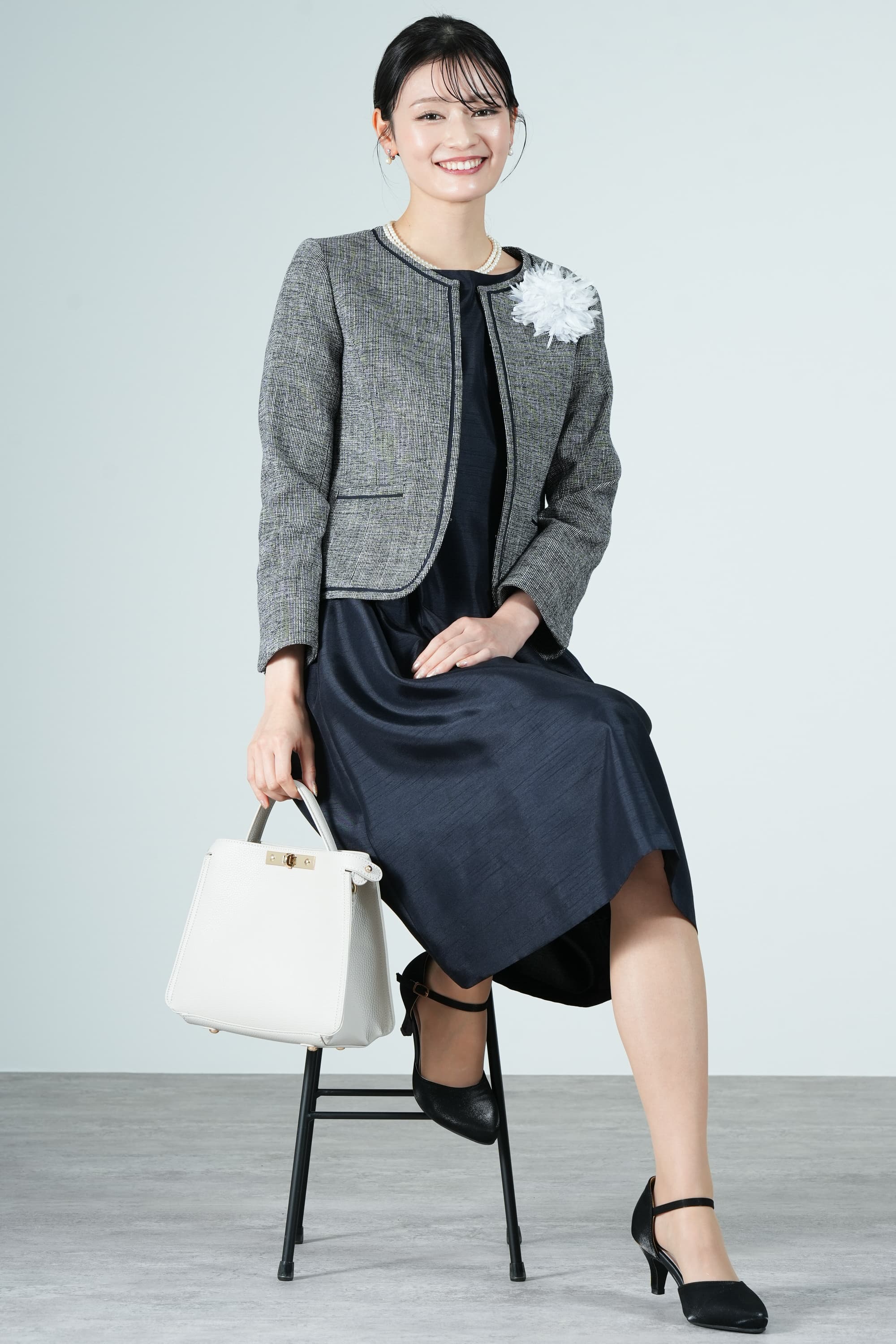 混合ツイードネイビーワンピースセット