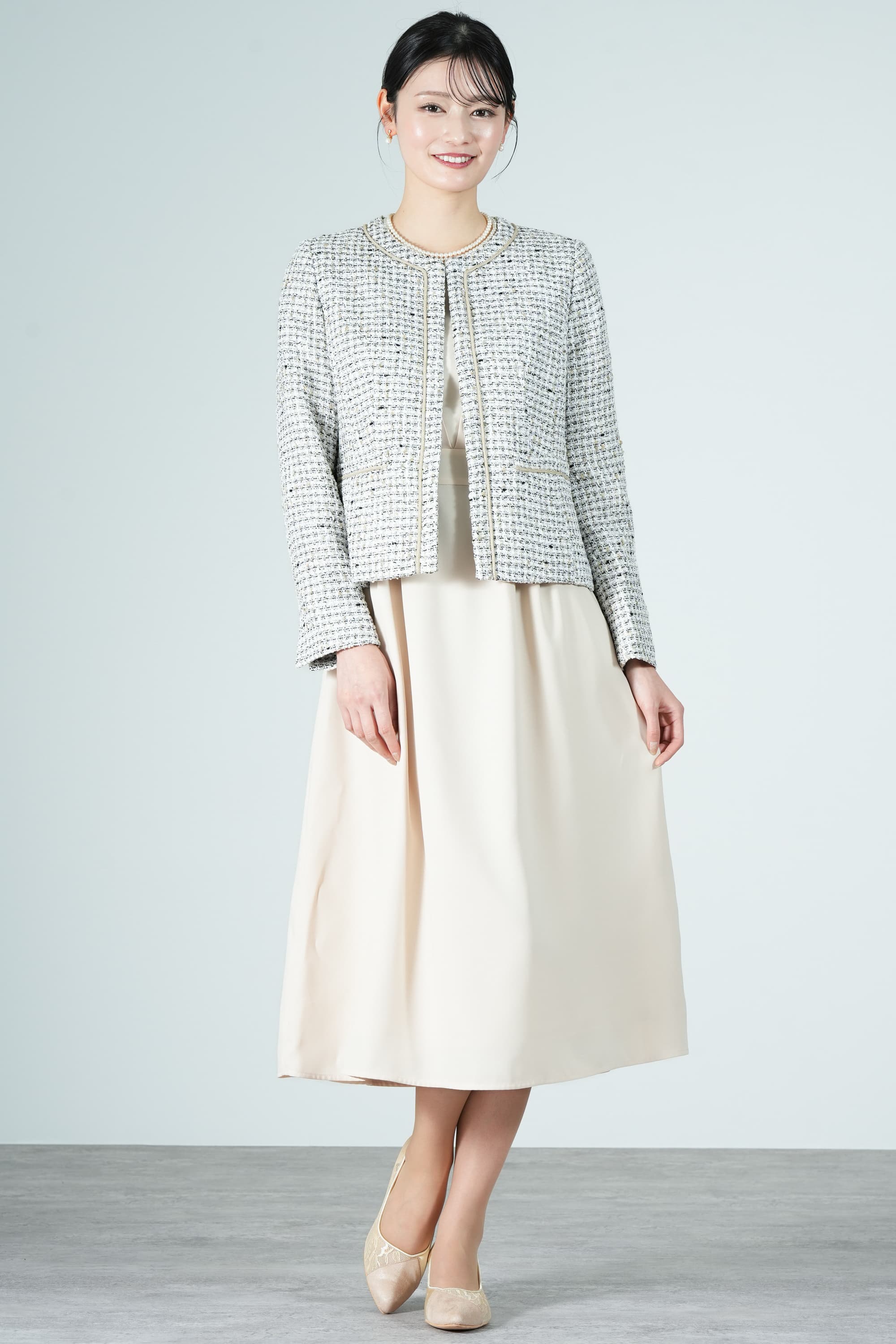 【美品】favori ミックスツイード セットアップ ワンピース 卒入式 M RUIRUE BOUTIQUE セットアップ ツイードジャケット＆レース