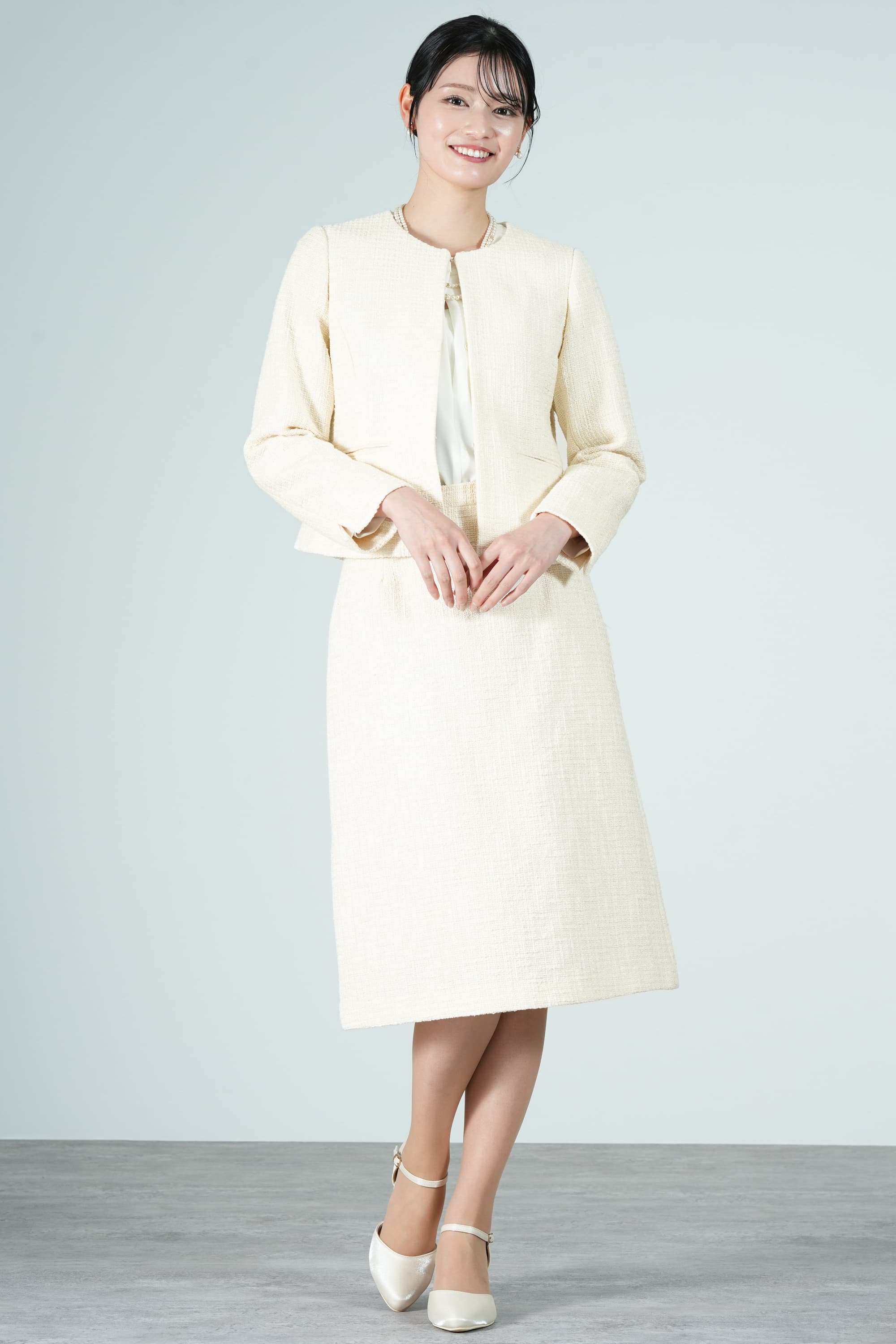 ラメ混ツイードアイボリースカートスーツセット