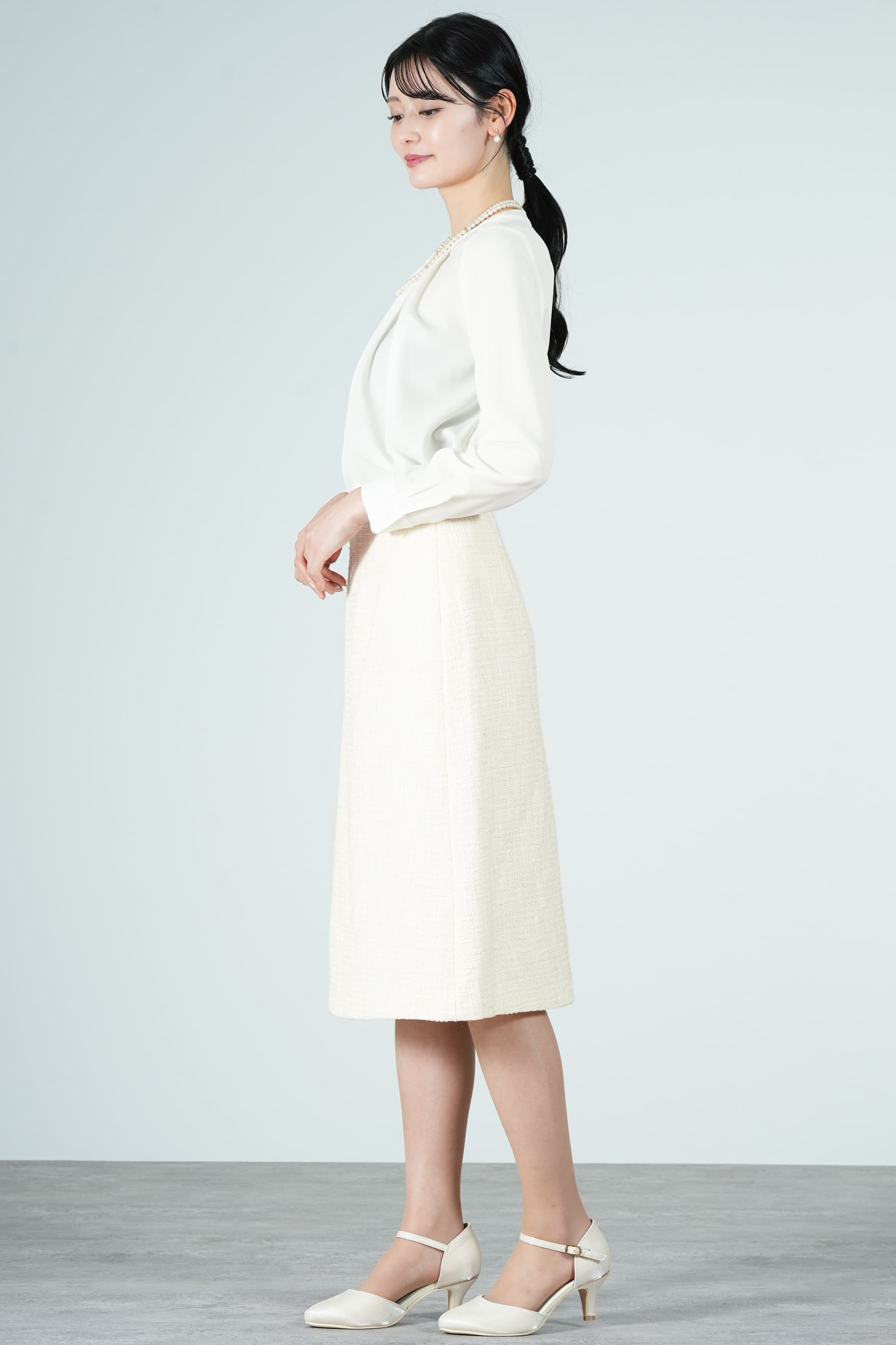 ラメ混ツイードアイボリースカートスーツセット