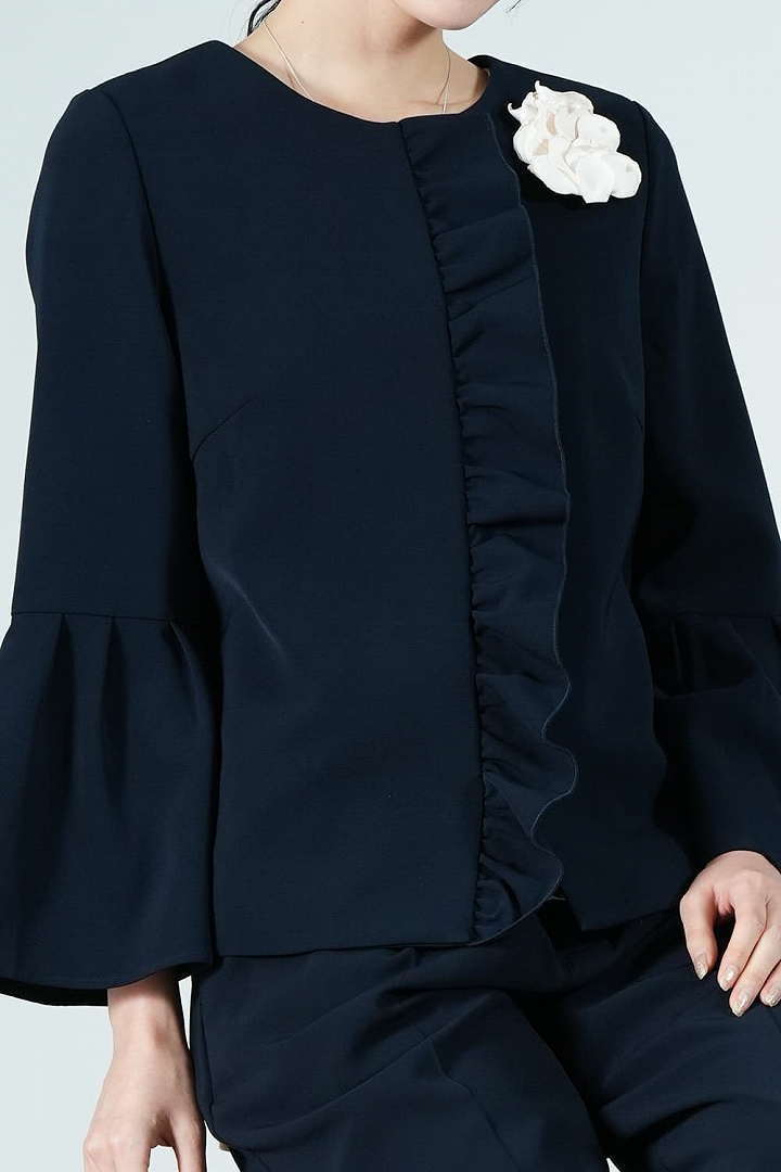 片フリルデザインネイビーパンツスーツセット