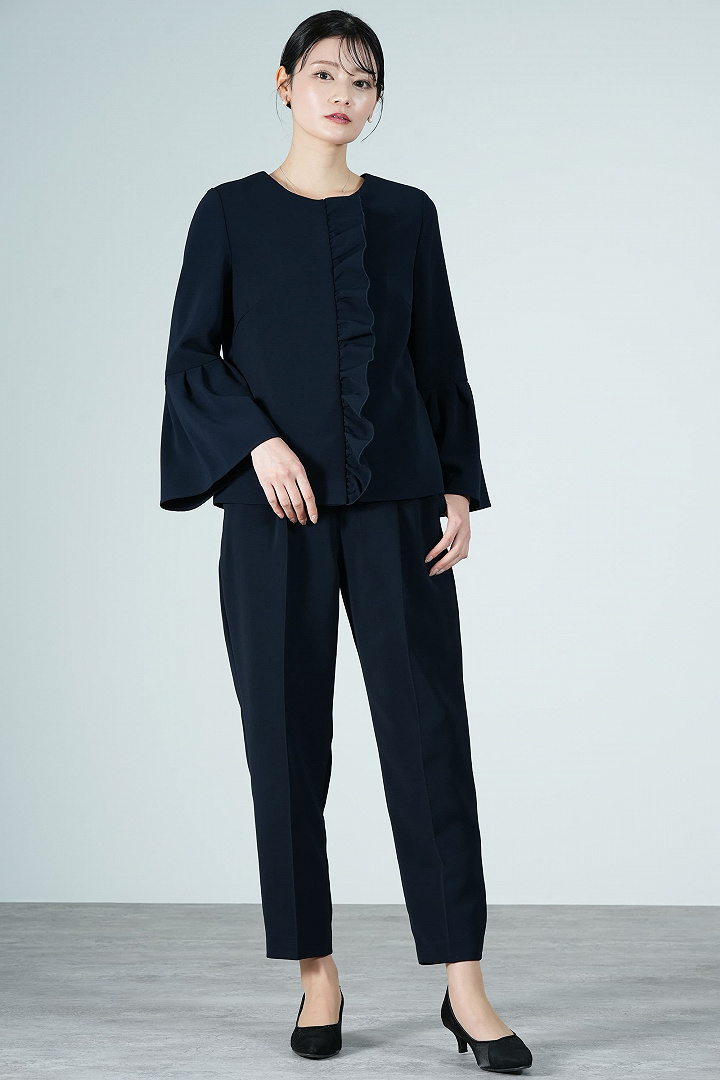片フリルデザインネイビーパンツスーツセット