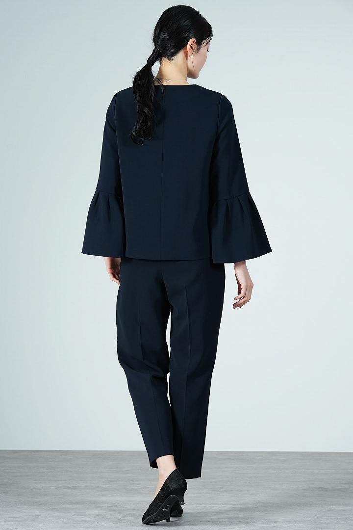 片フリルデザインネイビーパンツスーツセット