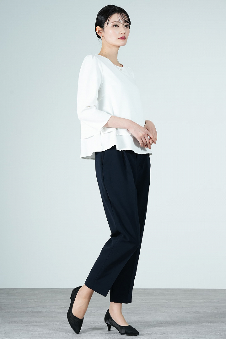 片フリルデザインネイビーパンツスーツセット