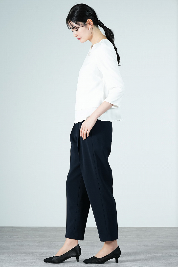 片フリルデザインネイビーパンツスーツセット