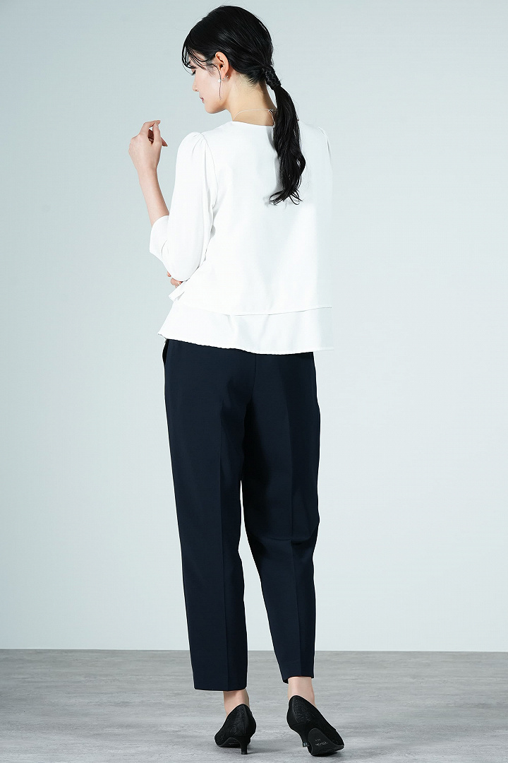 片フリルデザインネイビーパンツスーツセット