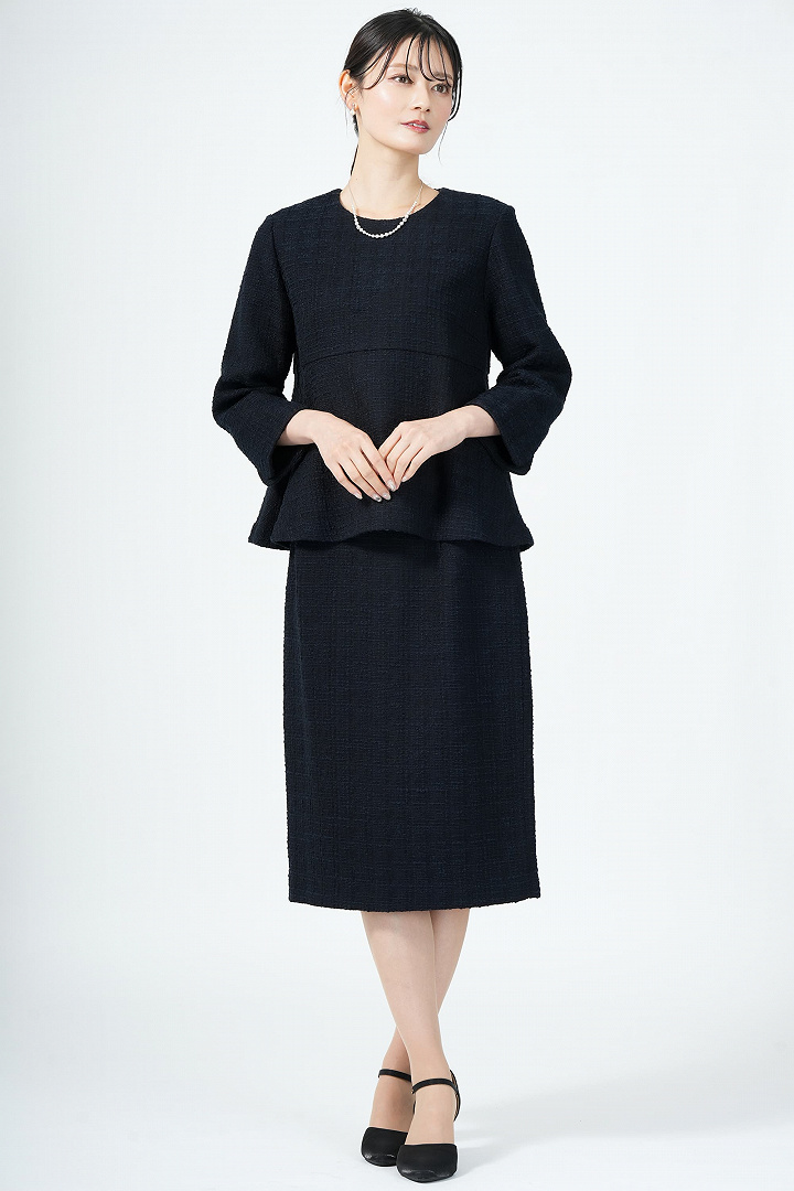 ツイード×ペプラムネイビースカートスーツセット