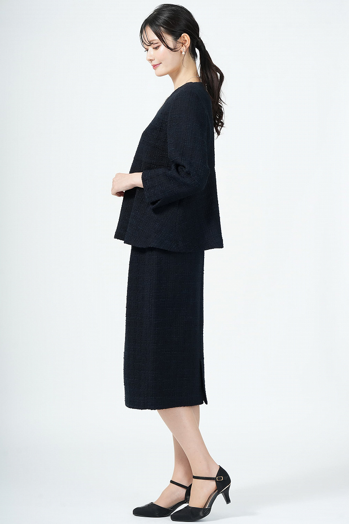 ツイード×ペプラムネイビースカートスーツセット