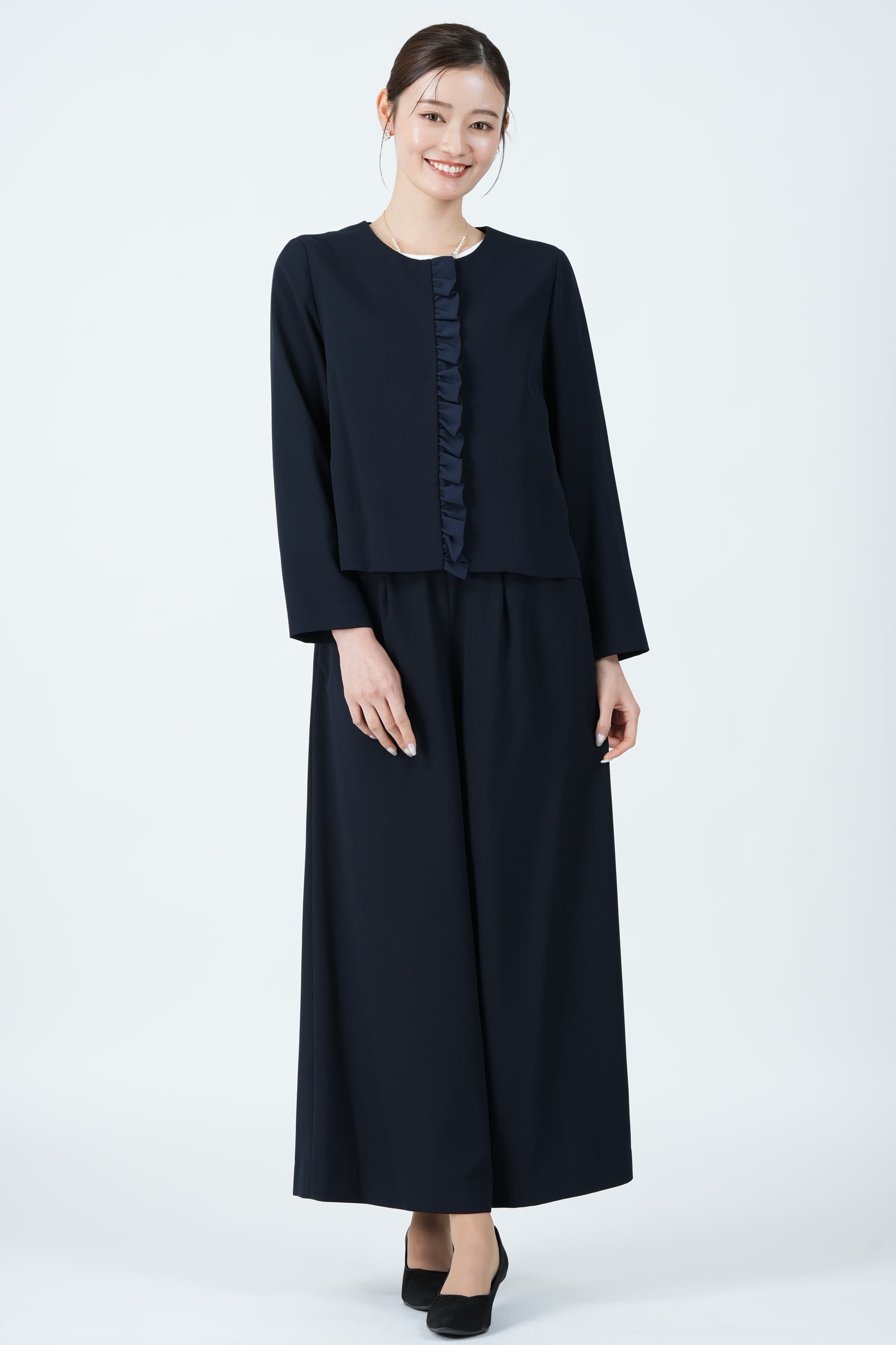 White Joola 片シフォンフリルネイビーパンツスーツセット (L) を