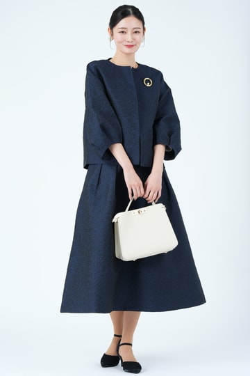 ランタンスリーブネイビースカートスーツセット