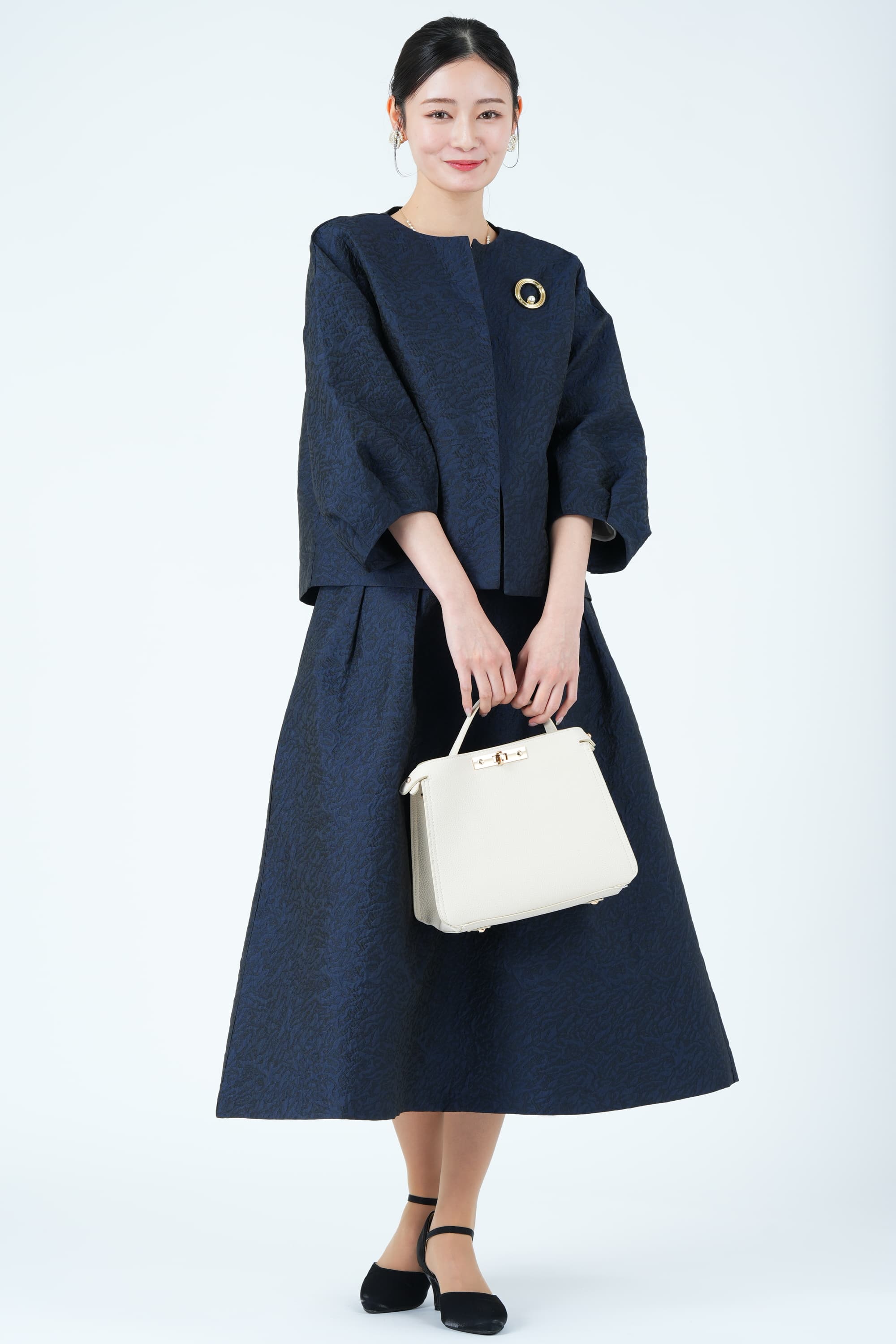 ランタンスリーブネイビースカートスーツセット