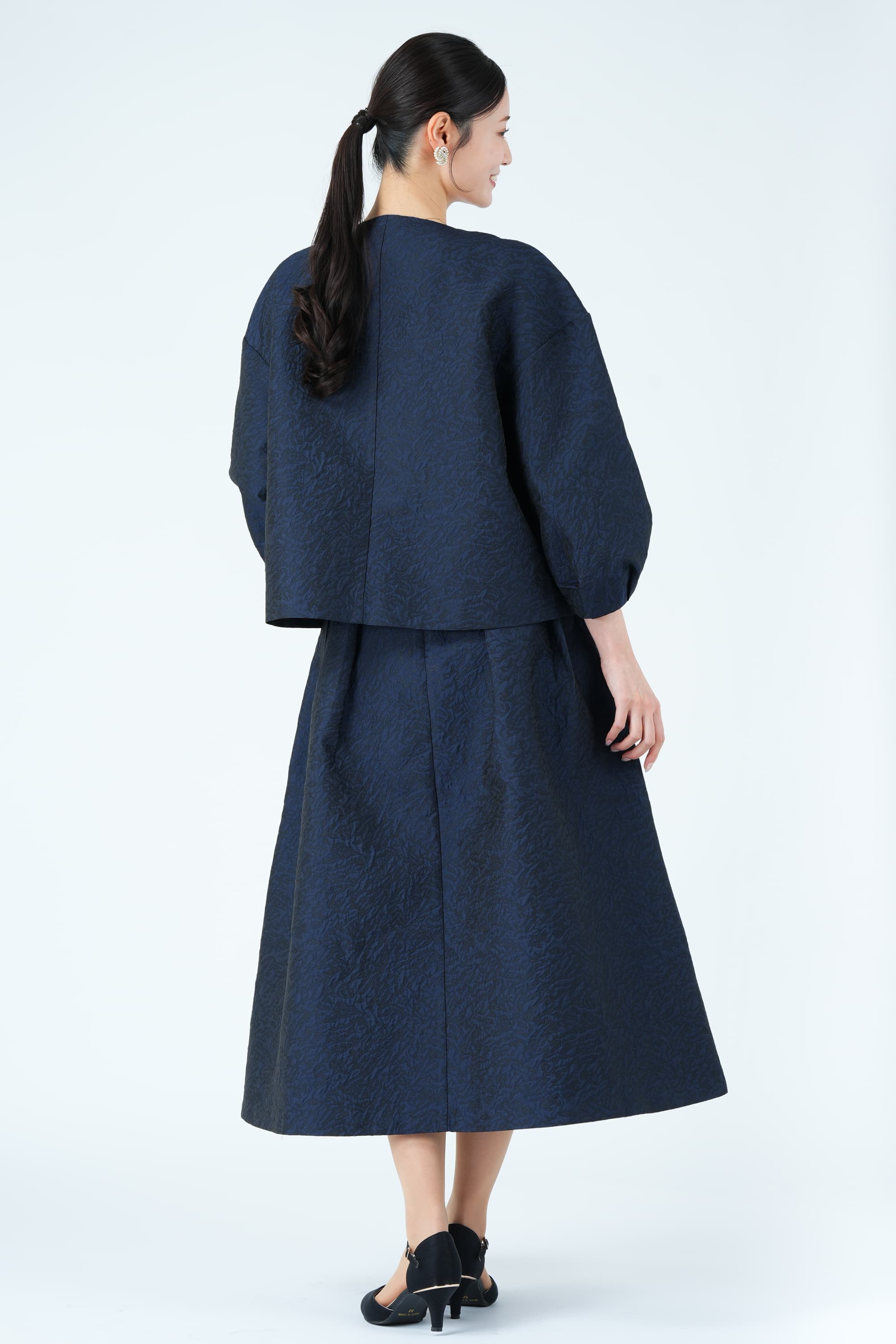 ランタンスリーブネイビースカートスーツセット