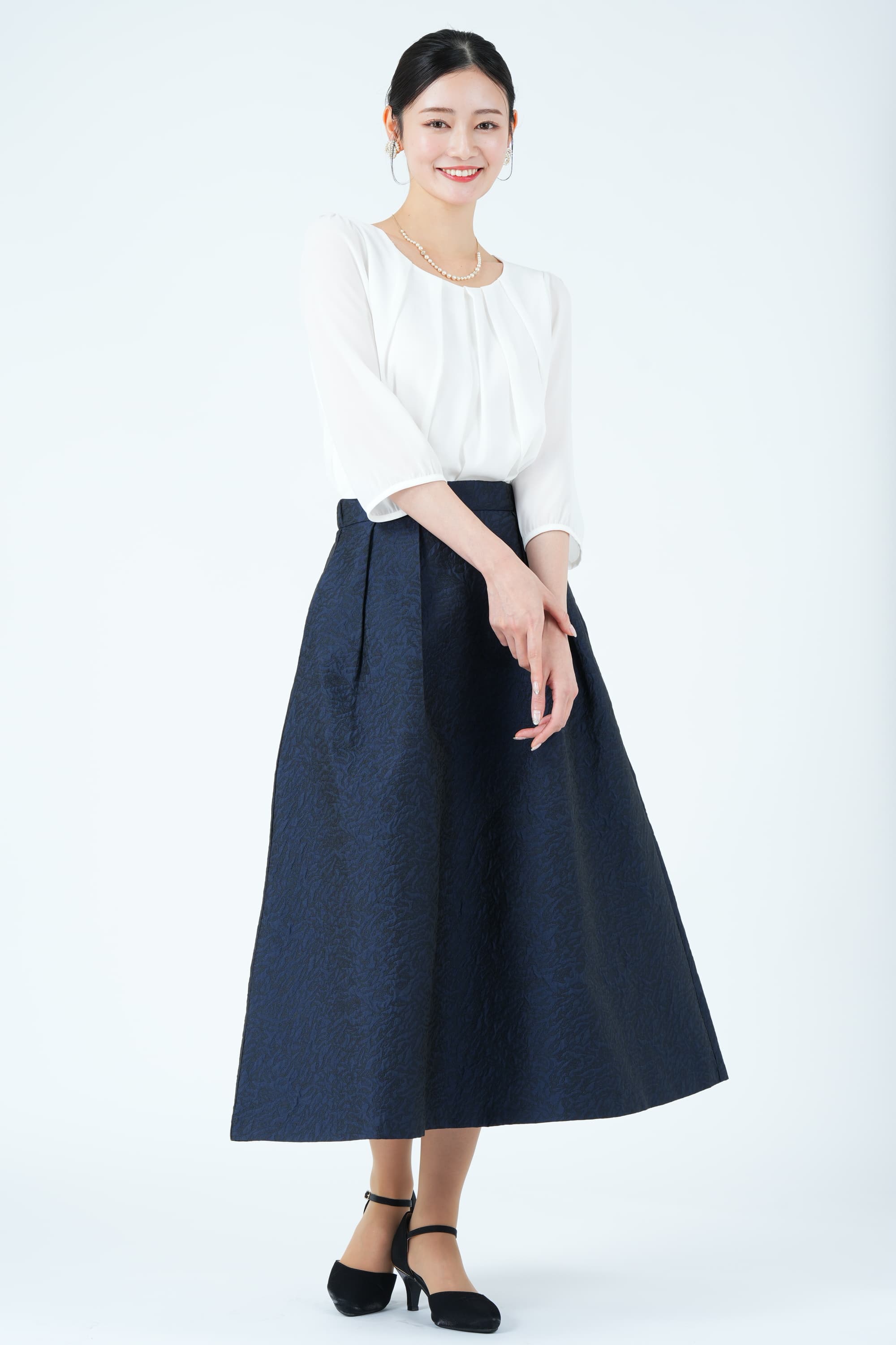 ランタンスリーブネイビースカートスーツセット