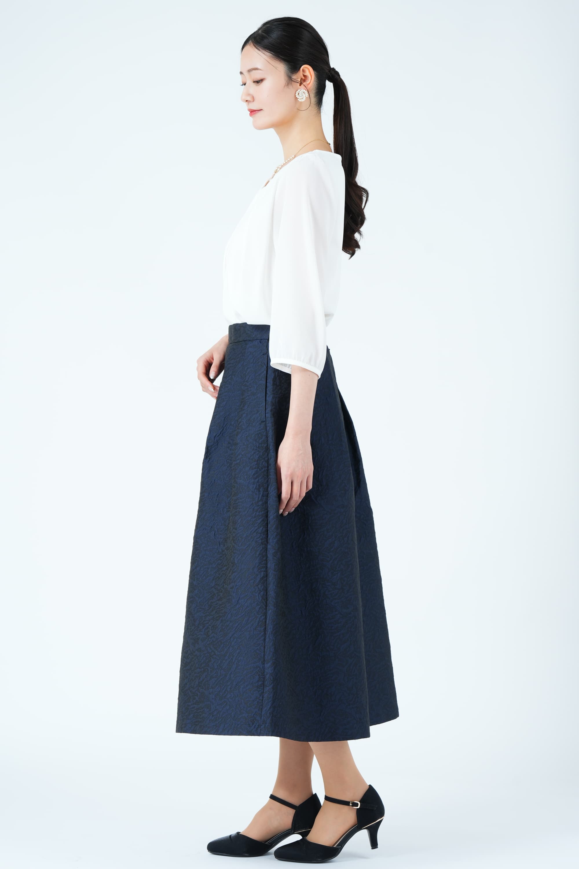 ランタンスリーブネイビースカートスーツセット