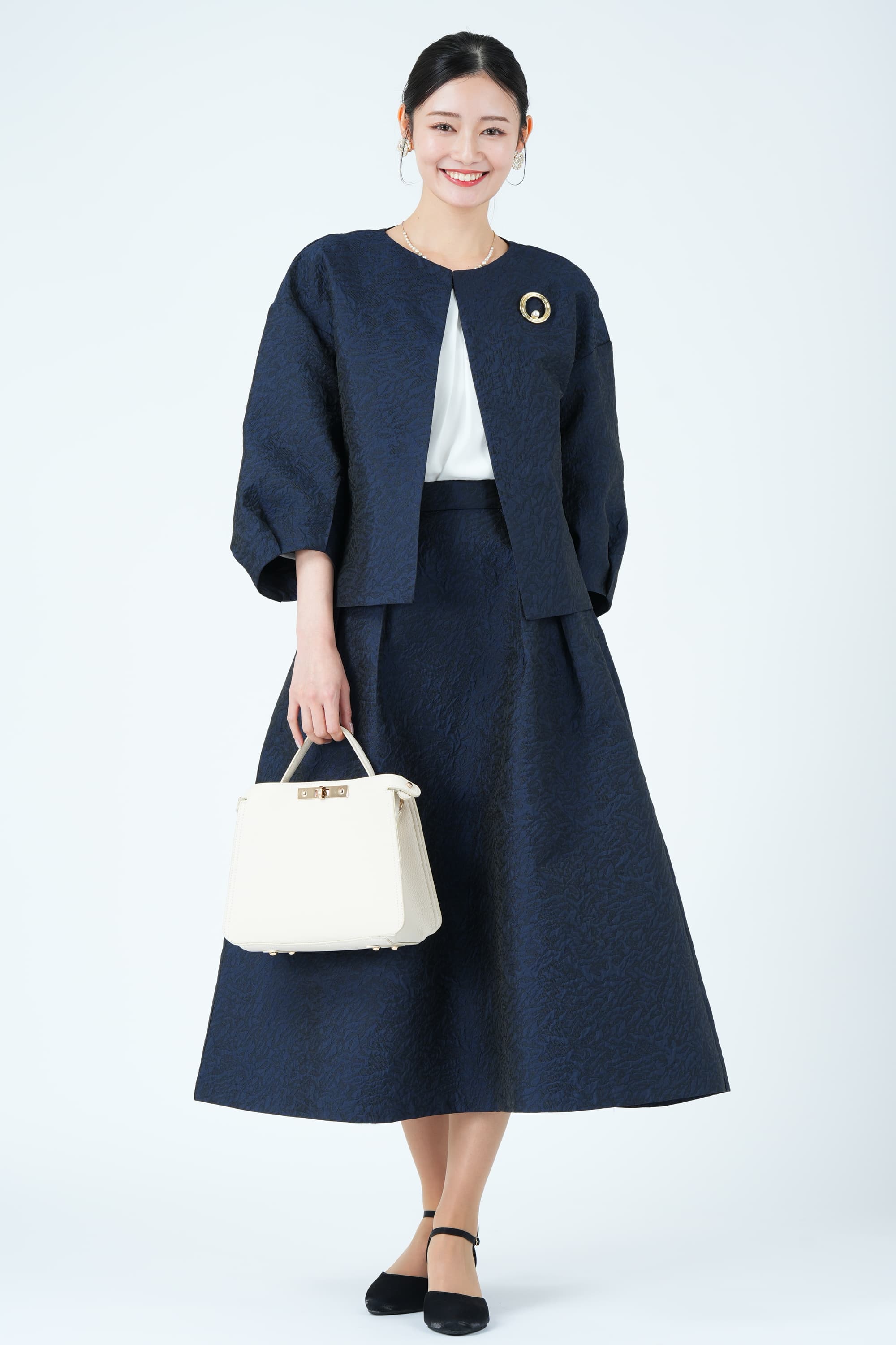 ランタンスリーブネイビースカートスーツセット