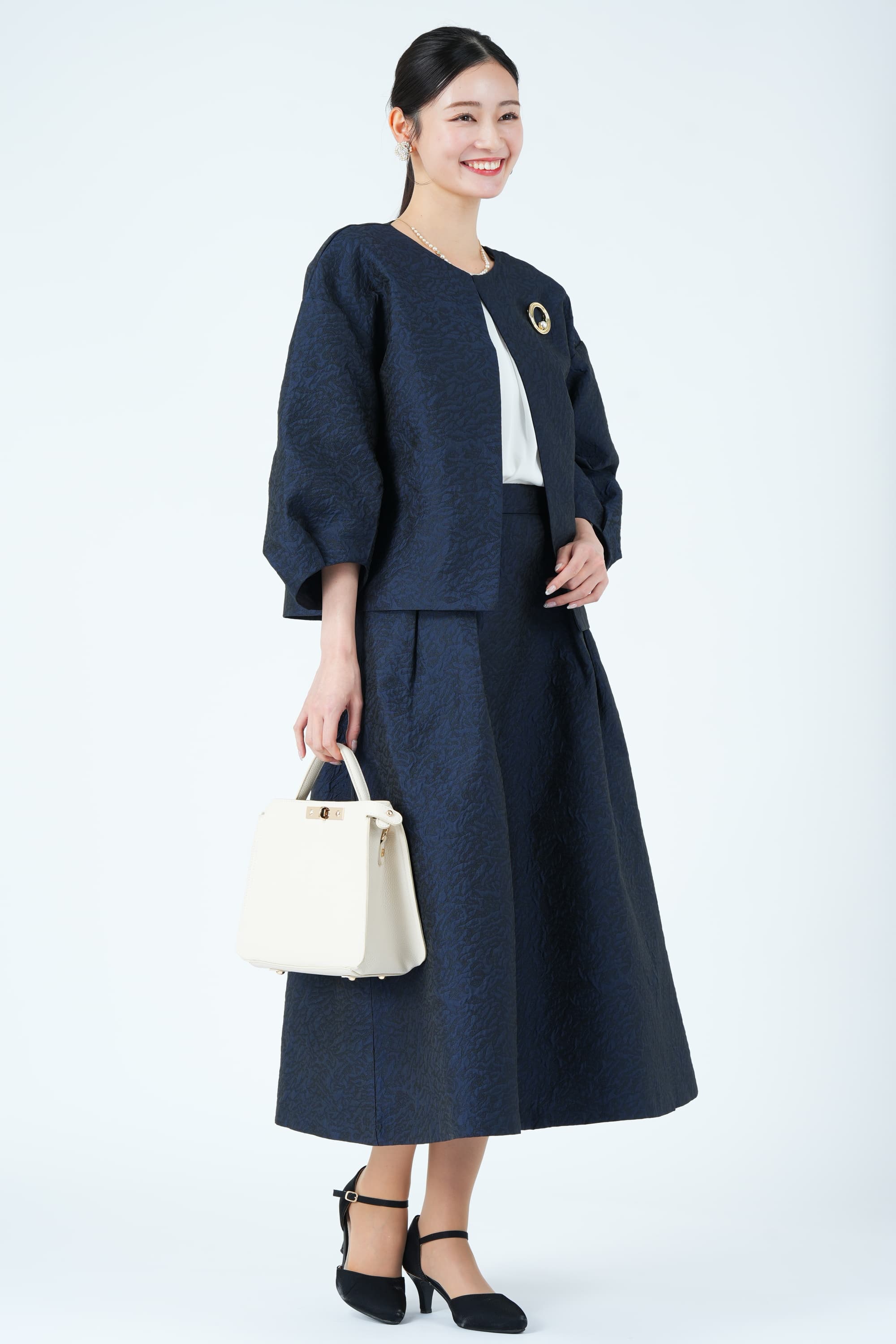 ランタンスリーブネイビースカートスーツセット