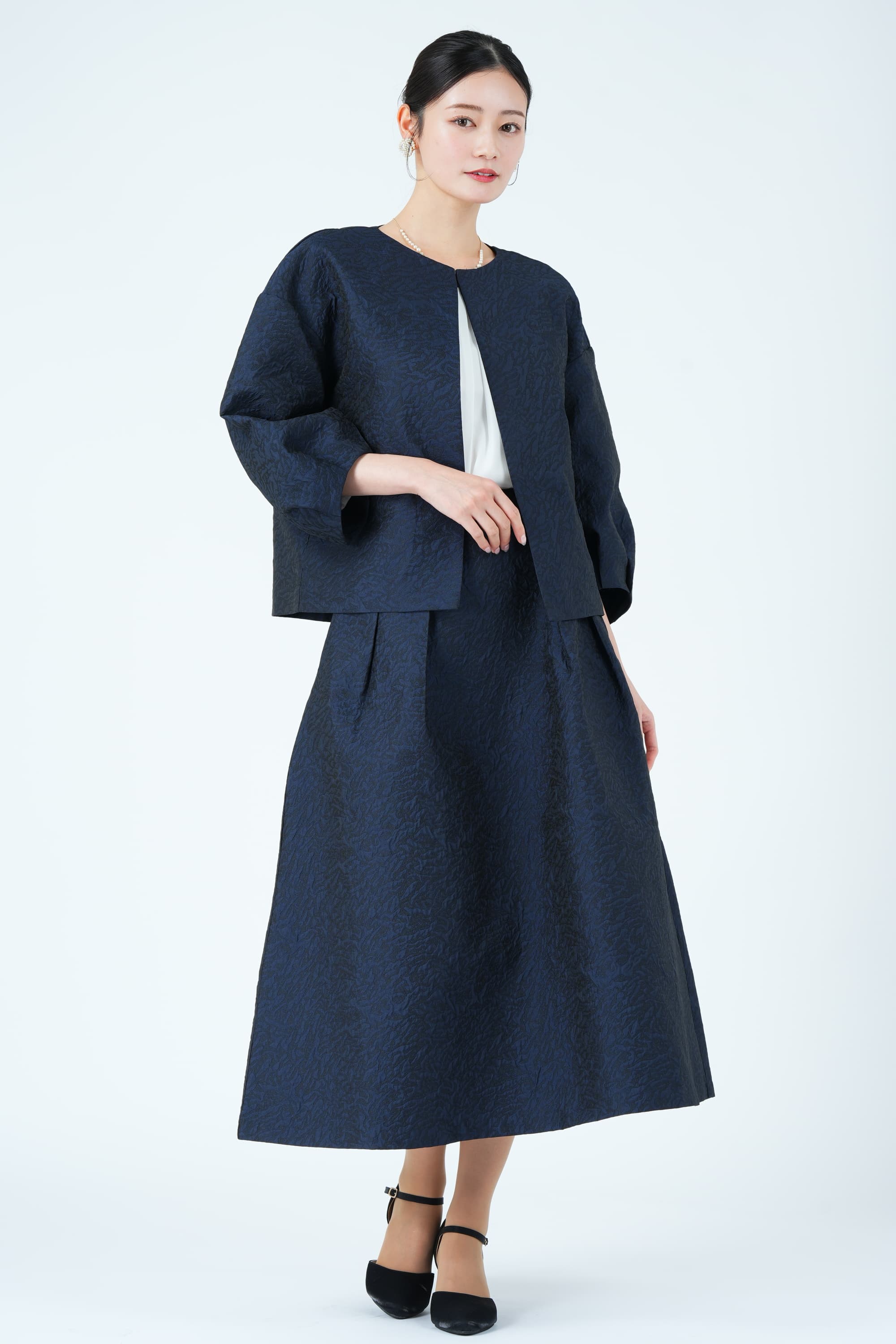 ランタンスリーブネイビースカートスーツセット