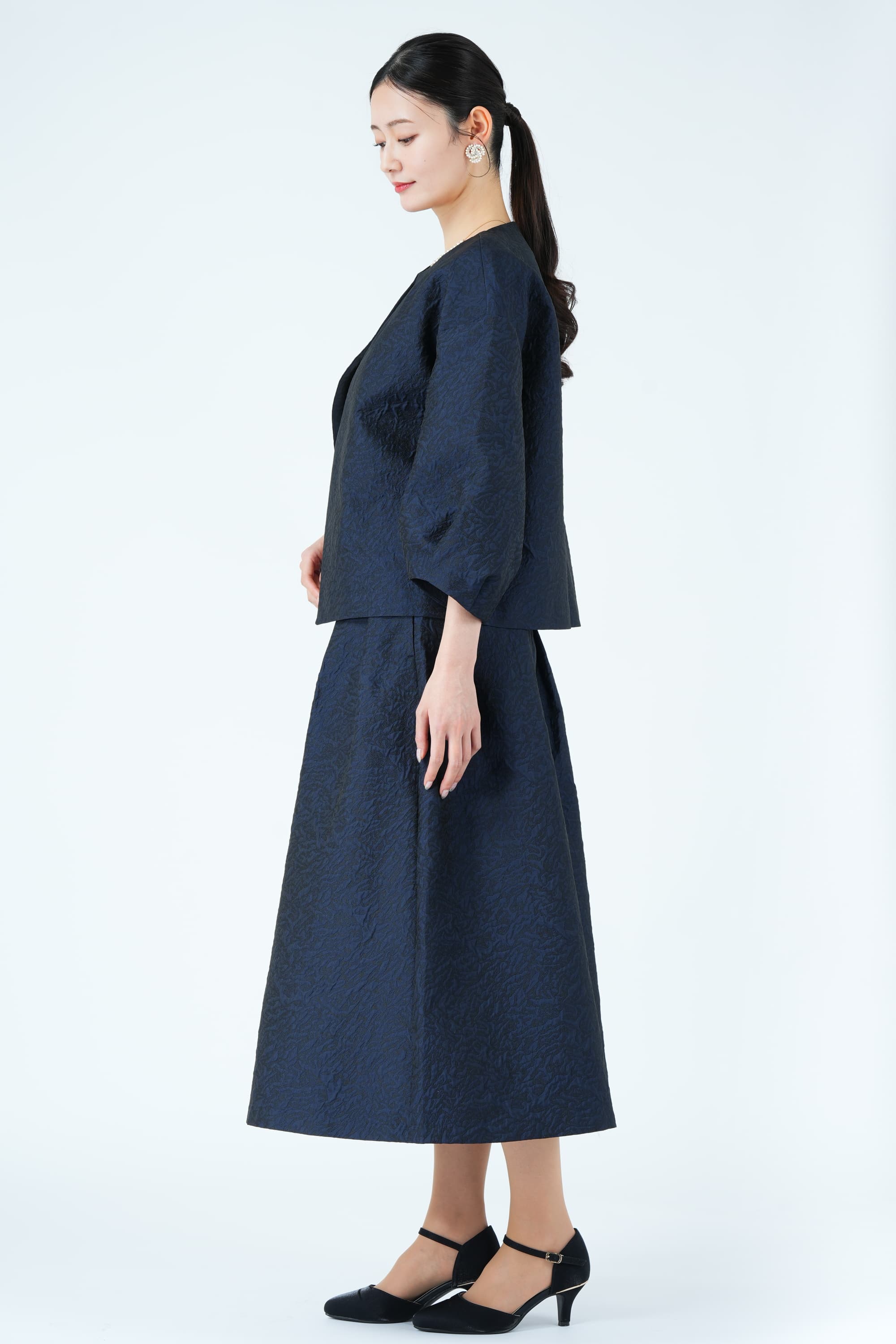 ランタンスリーブネイビースカートスーツセット