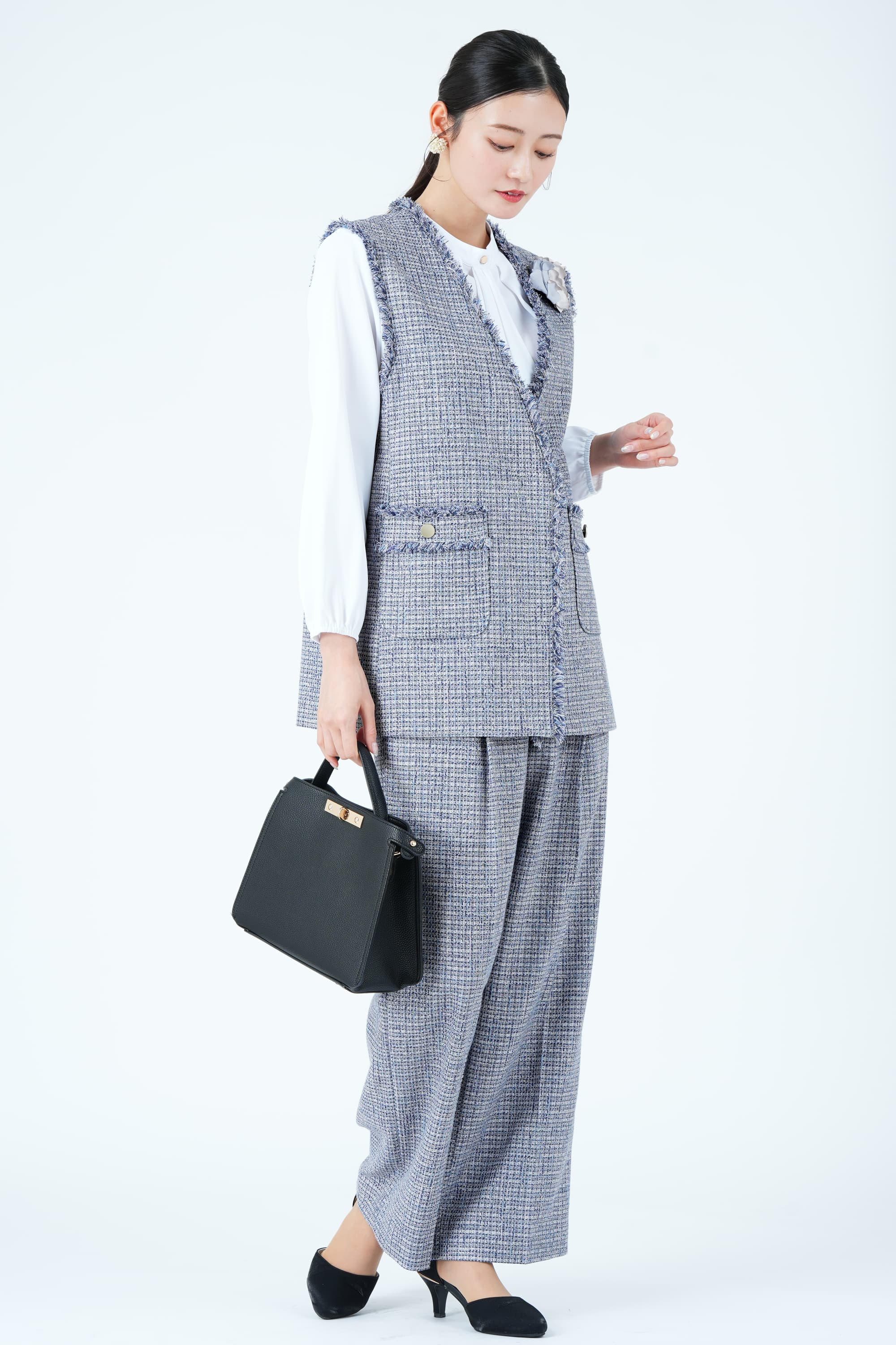 【大きいサイズ XL】　グリーンレーベル 他　パンツスーツ　フォーマル　ツイード UNITED ARROWS green label relaxing ツイードライクジレ×ブルーパンツ