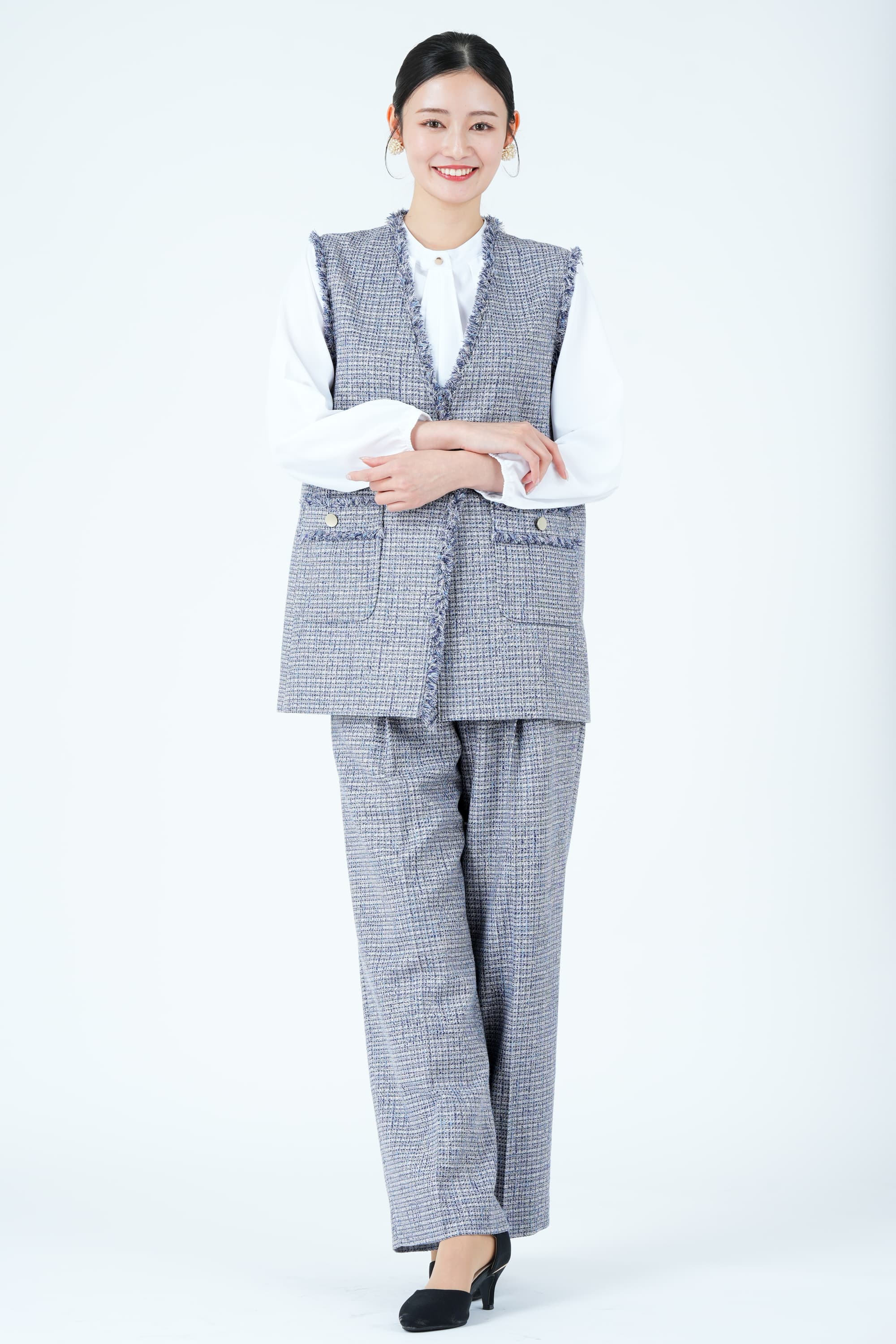【大きいサイズ XL】　グリーンレーベル 他　パンツスーツ　フォーマル　ツイード UNITED ARROWS green label relaxing ツイードライクジレ×ブルーパンツ