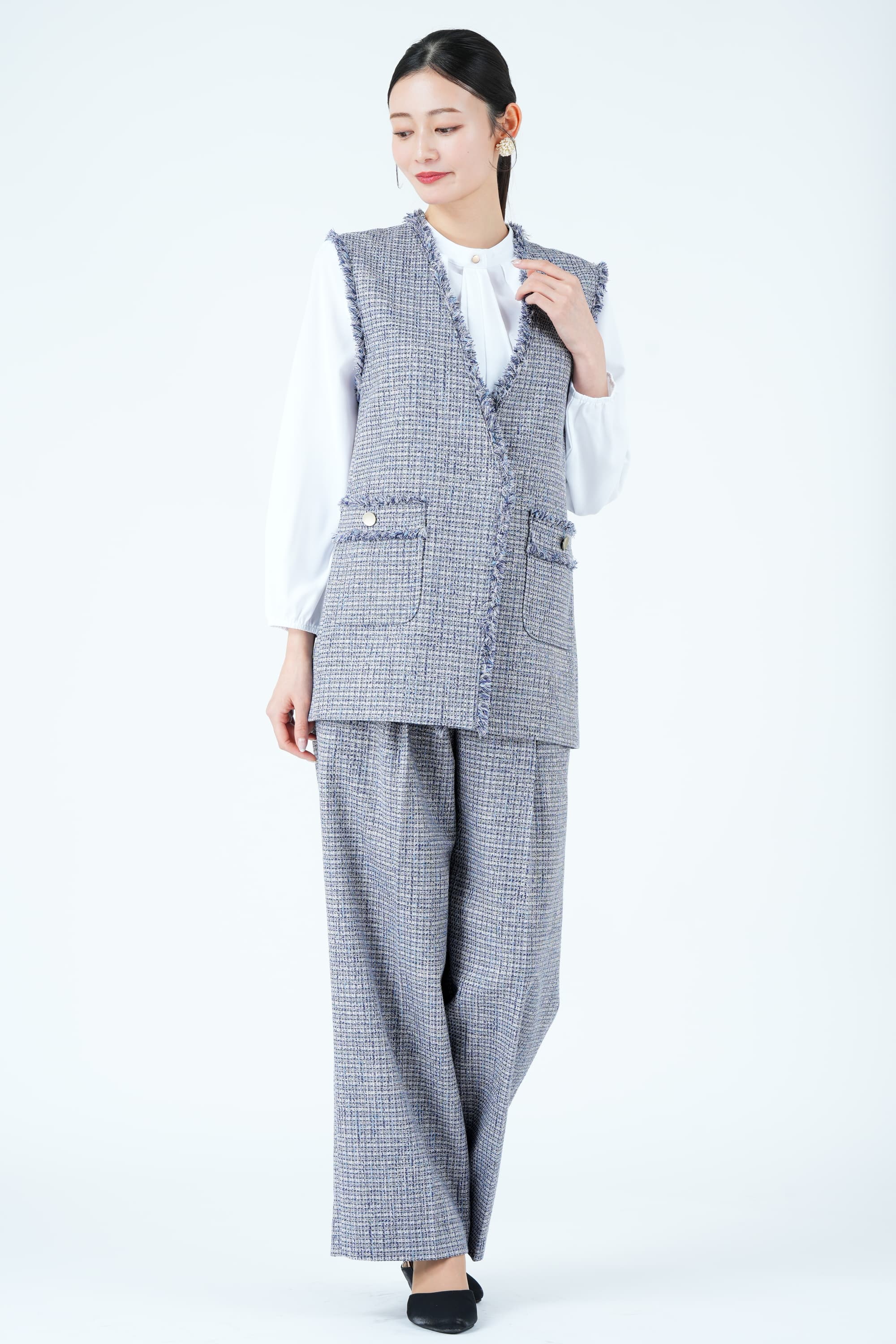 ツイードライクジレ&times;ブルーパンツスーツセット