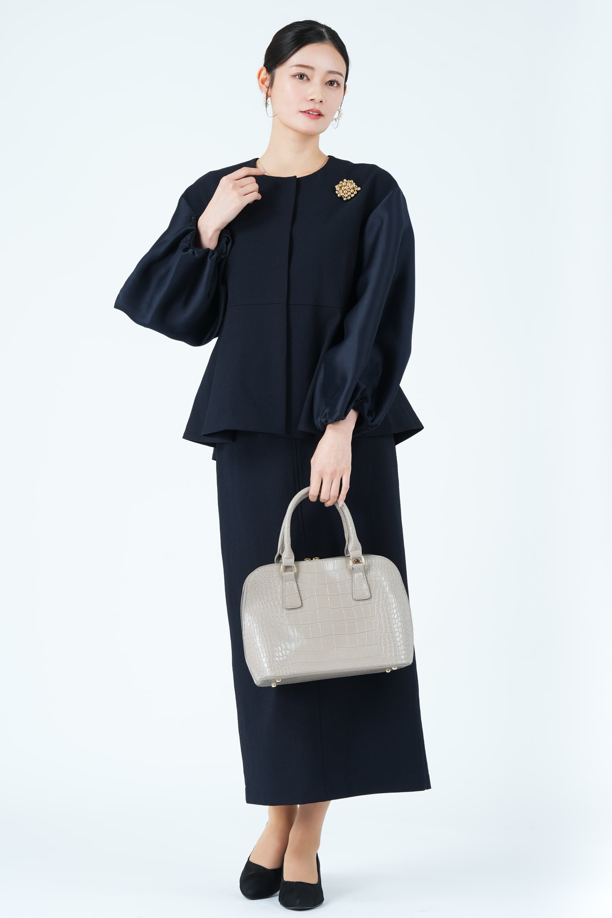 異素材スリーブペプラムネイビースカートスーツセット