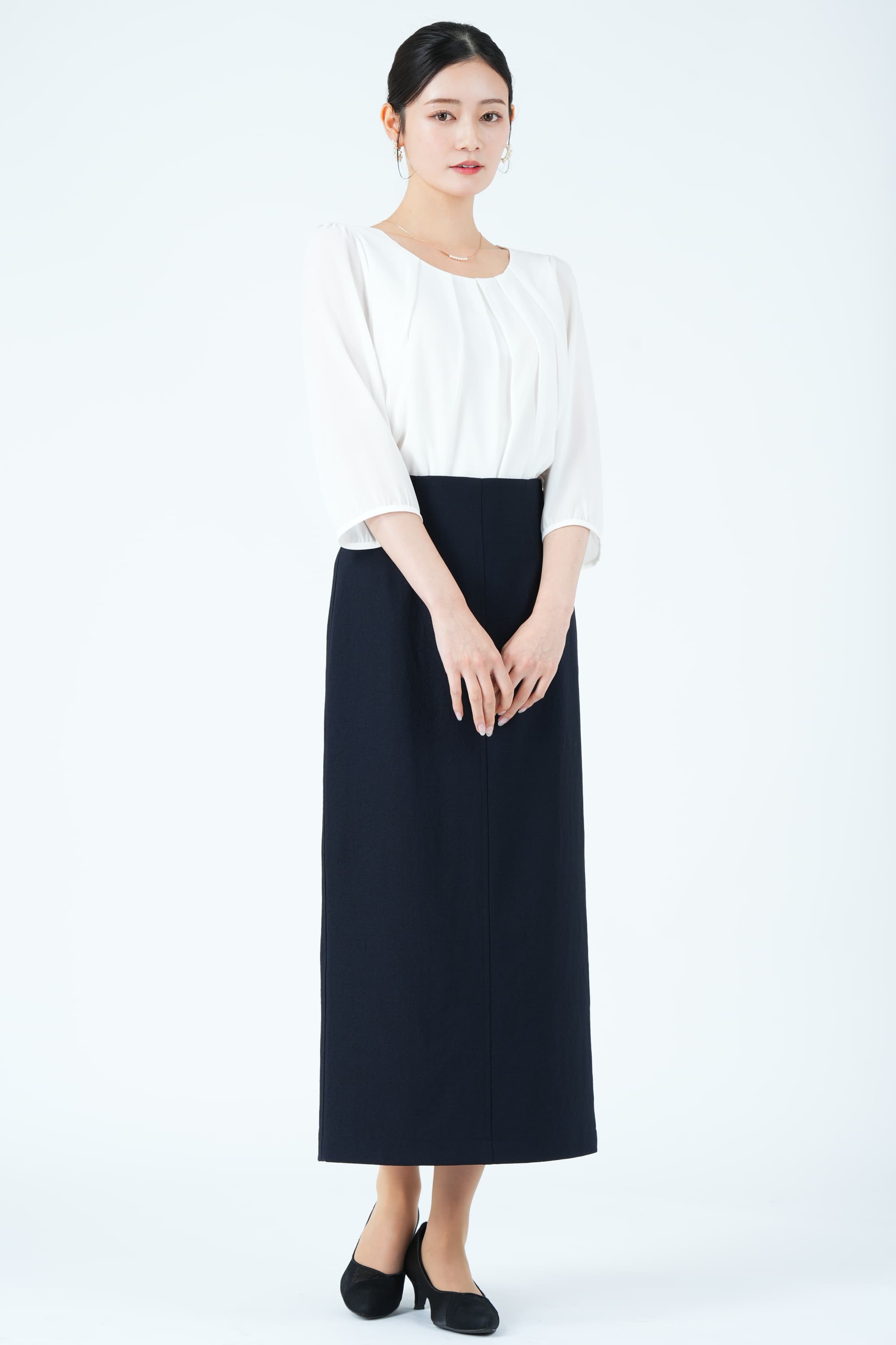 異素材スリーブペプラムネイビースカートスーツセット