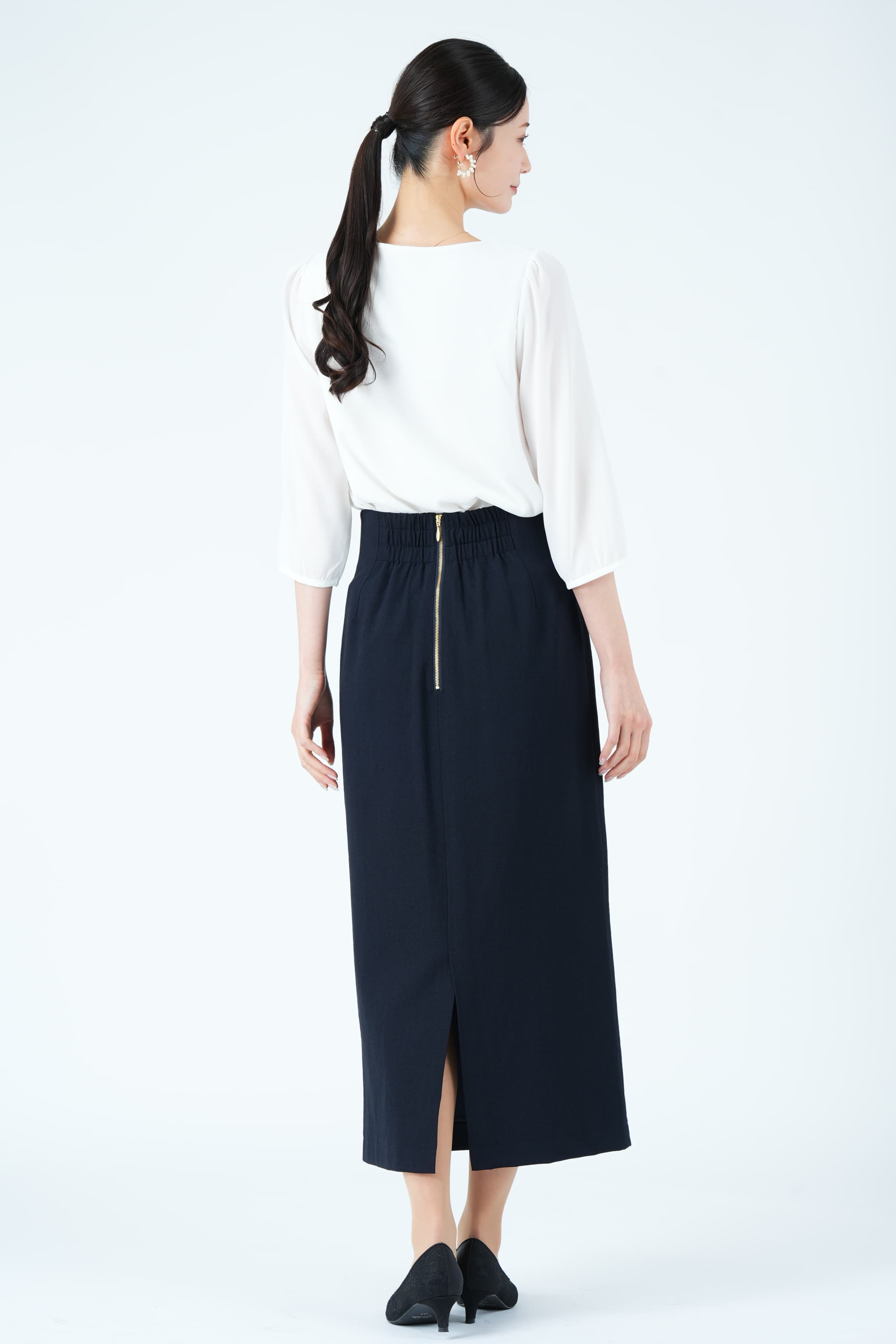 異素材スリーブペプラムネイビースカートスーツセット