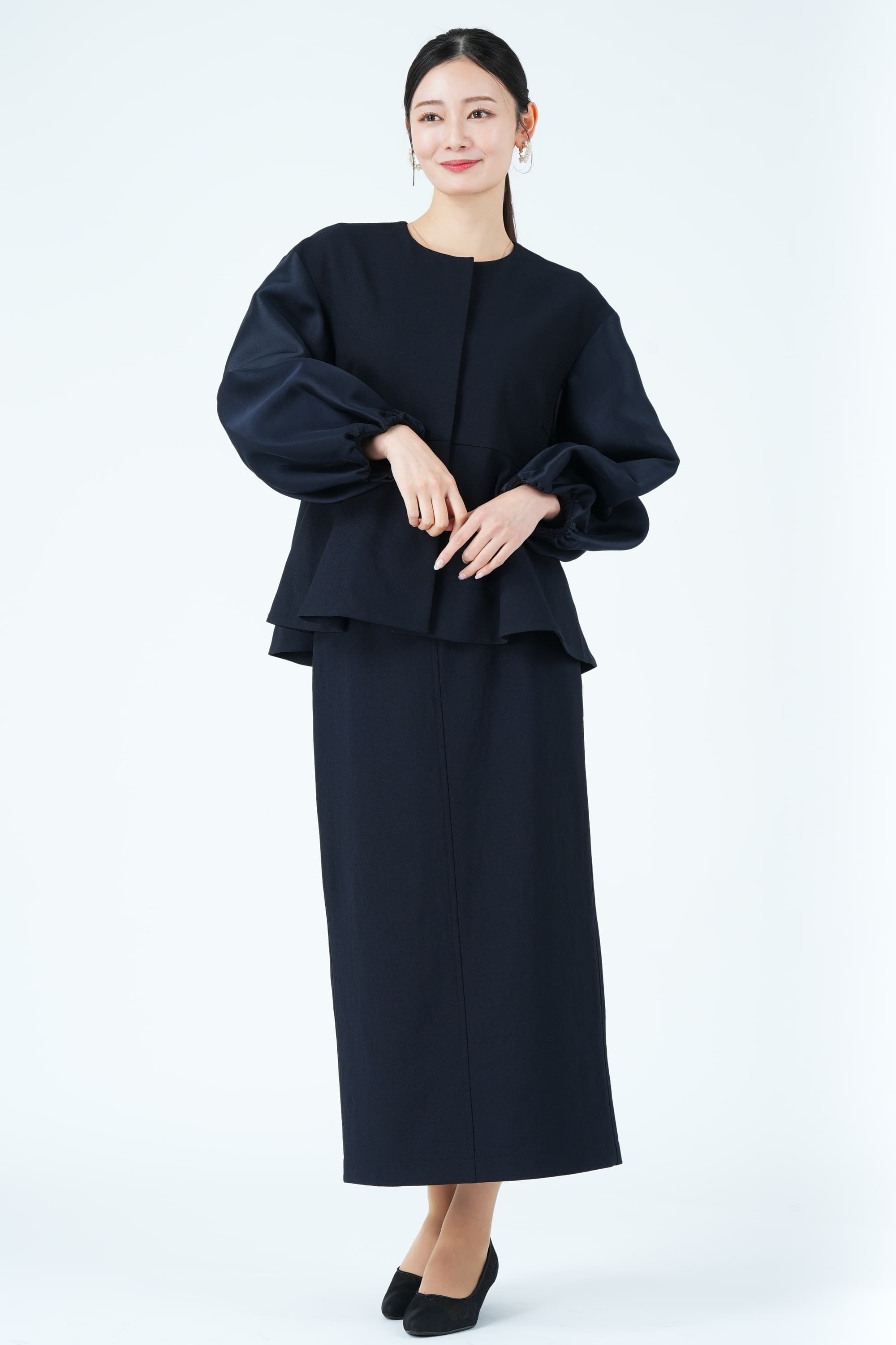 異素材スリーブペプラムネイビースカートスーツセット