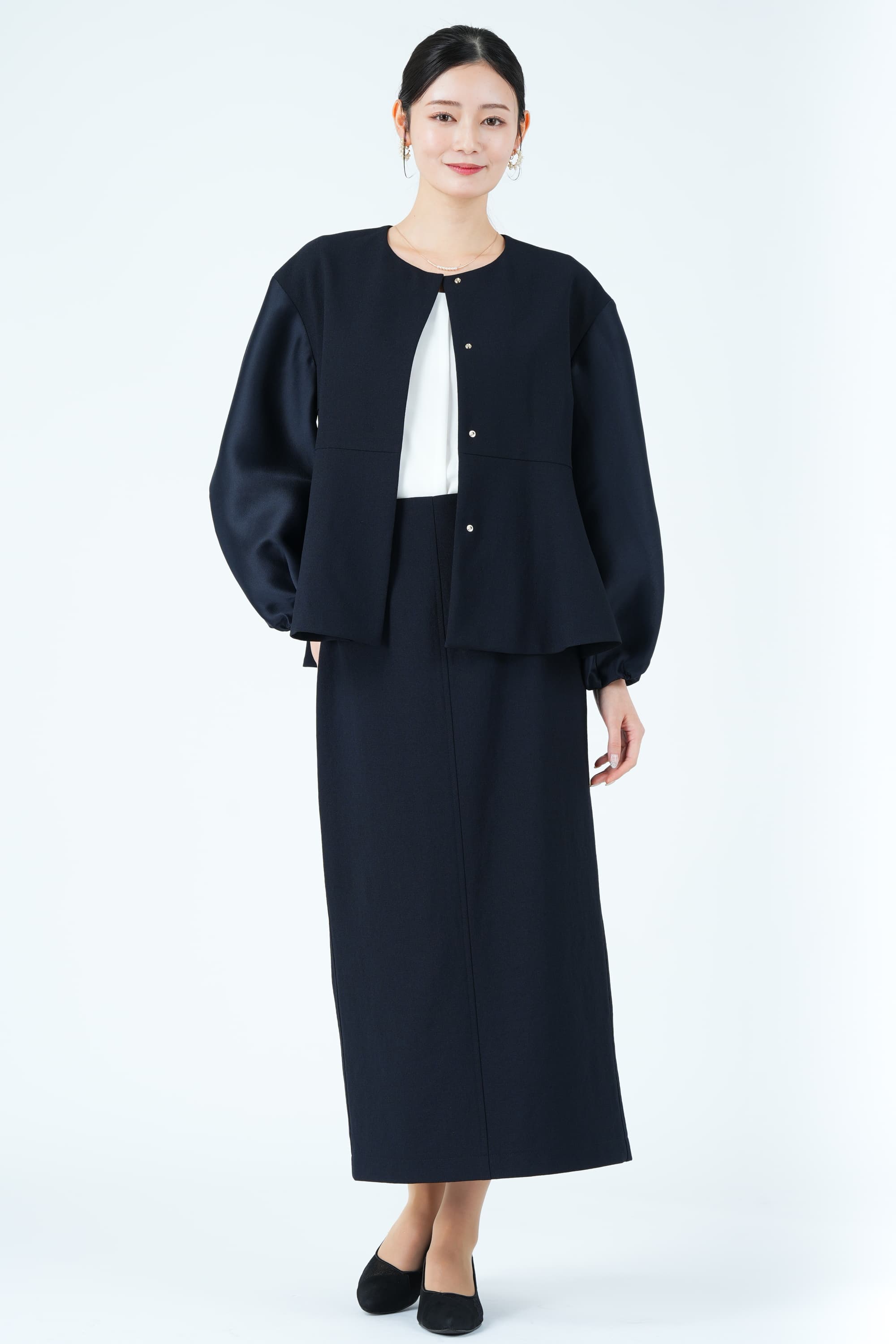 異素材スリーブペプラムネイビースカートスーツセット