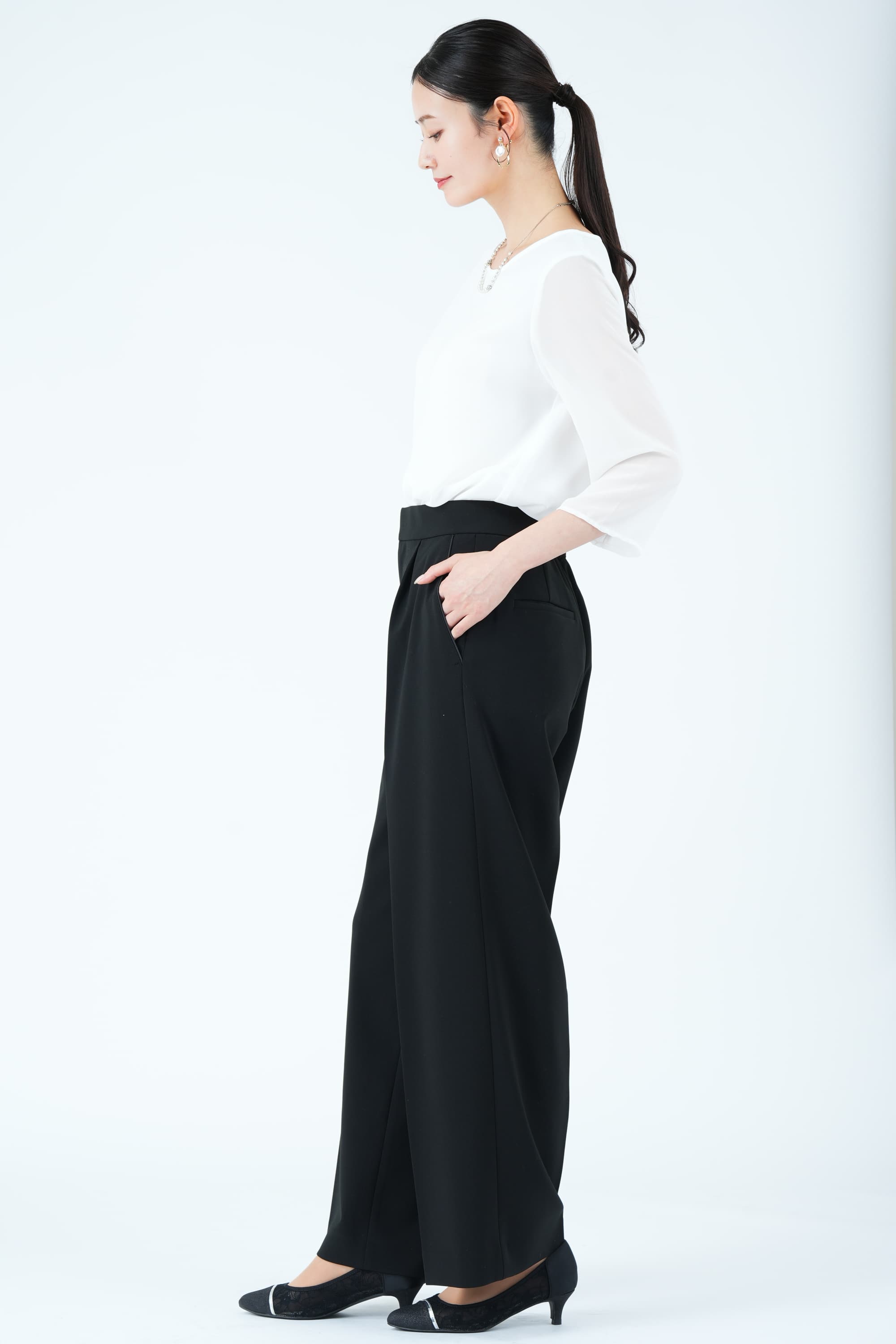 パールボタンスラブツイードブラックパンツスーツセット