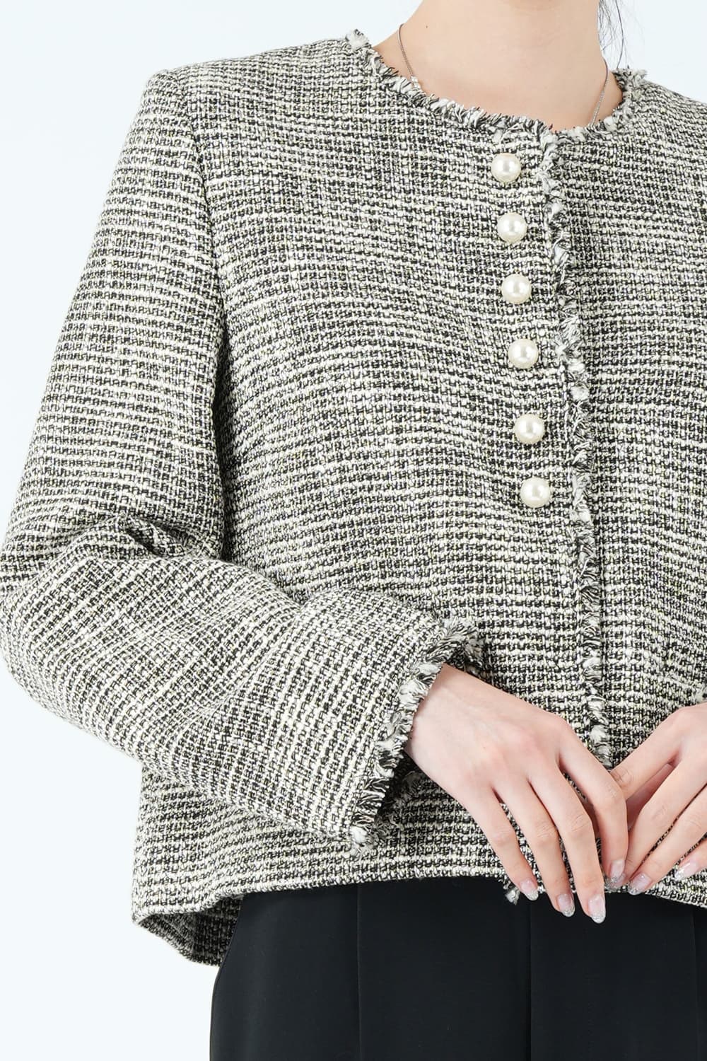 パールボタンスラブツイードブラックパンツスーツセット