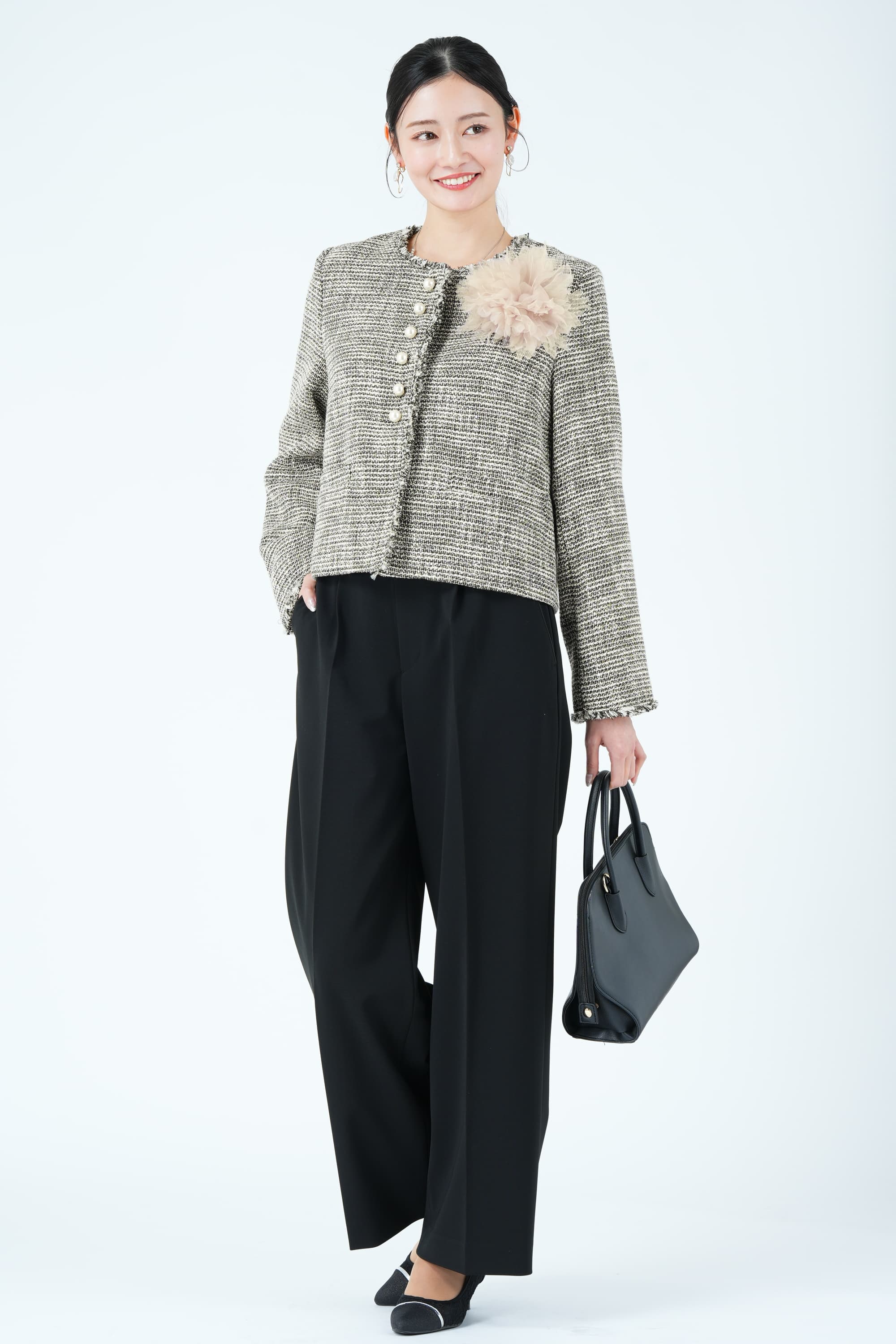 パールボタンスラブツイードブラックパンツスーツセット