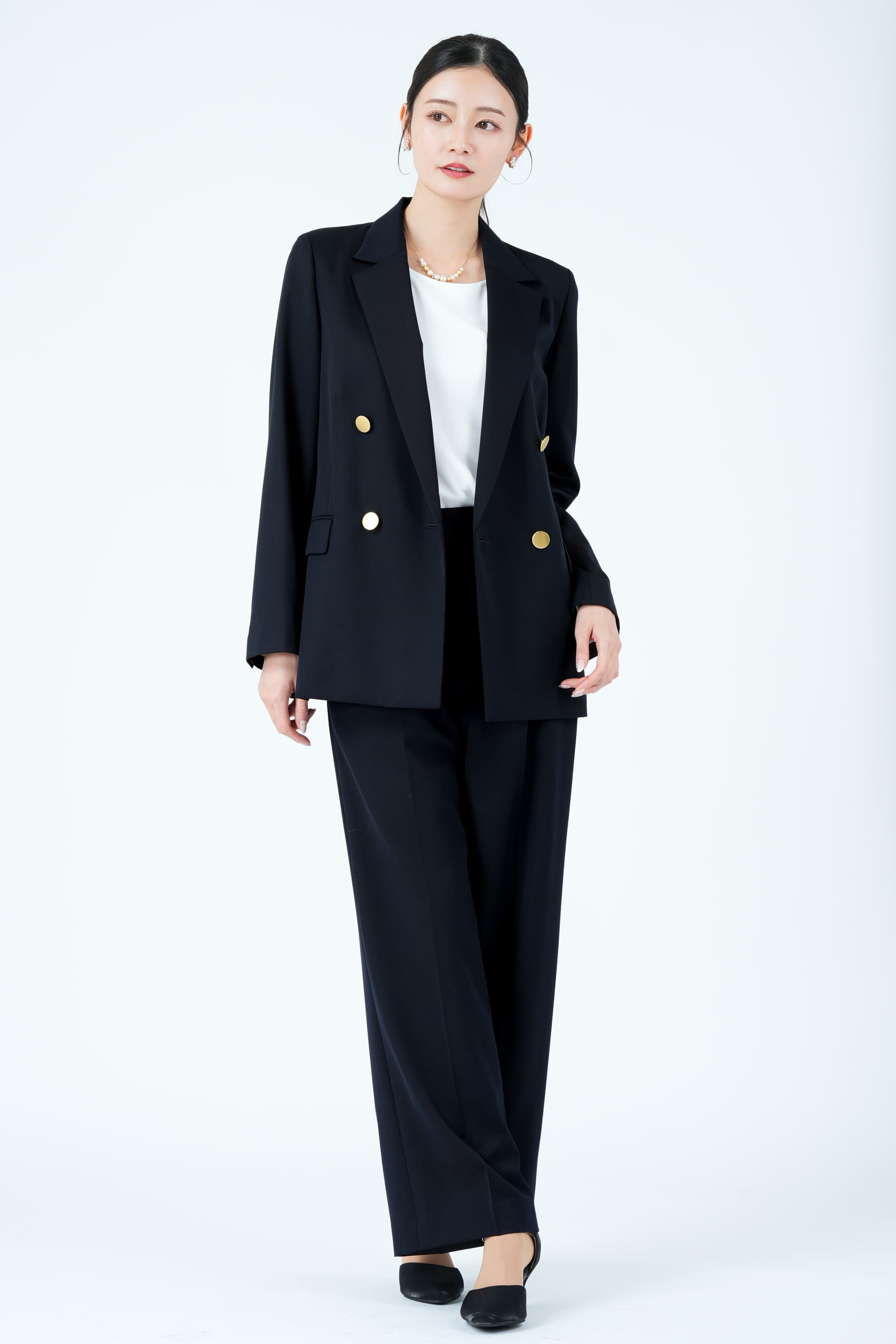 グリーンレーベル パンツスーツ ダブルジャケット ワイドパンツ セットアップ 紺 UNITED ARROWS green label relaxing ゴールドボタンダブルジャケット