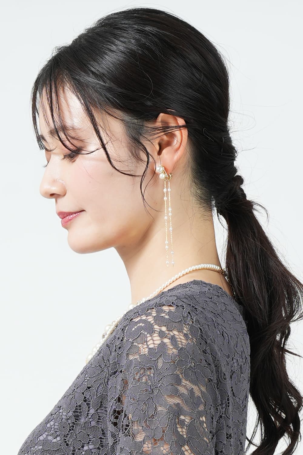 パールビーズ華奢チェーンゴールドイヤリング